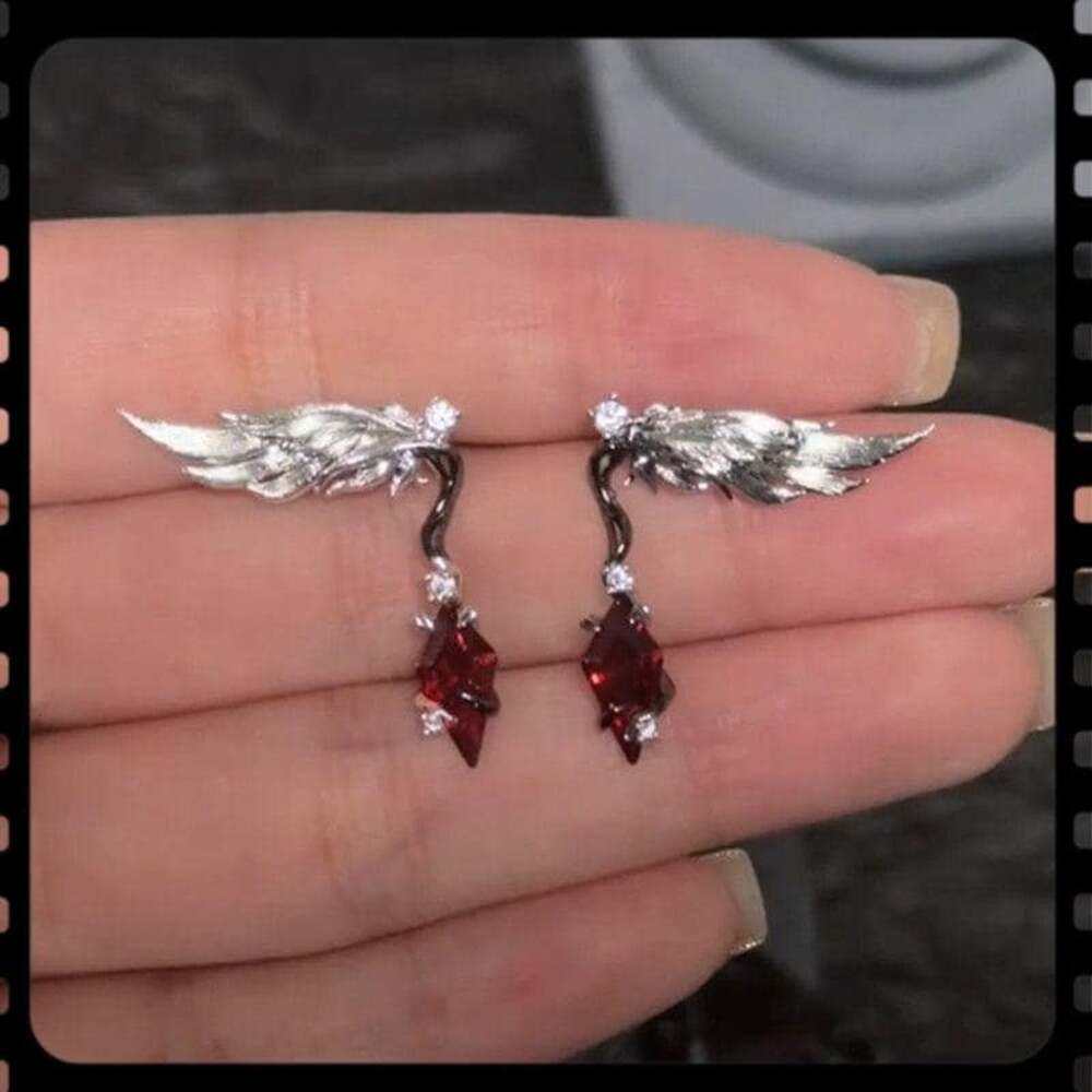 Stylus Abyss Ruler Earrings, Vintage Wing Design, Red Zircon Titanium Steel Jewe